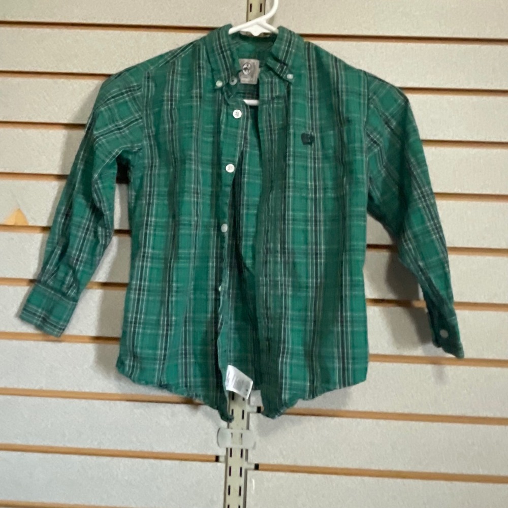 Cinch Boys Green Plaid Long Sleeve Western Button Down Shirt XS 4-5 Cowboy